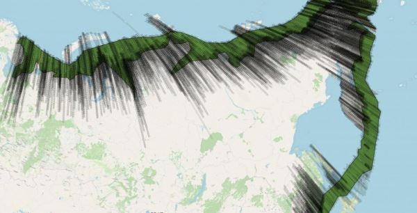 Схема покрытия 2021 г. территории Северного морского пути данными ДЗЗ  с КА «Канопус-В»  (с облачностью не более 60%)